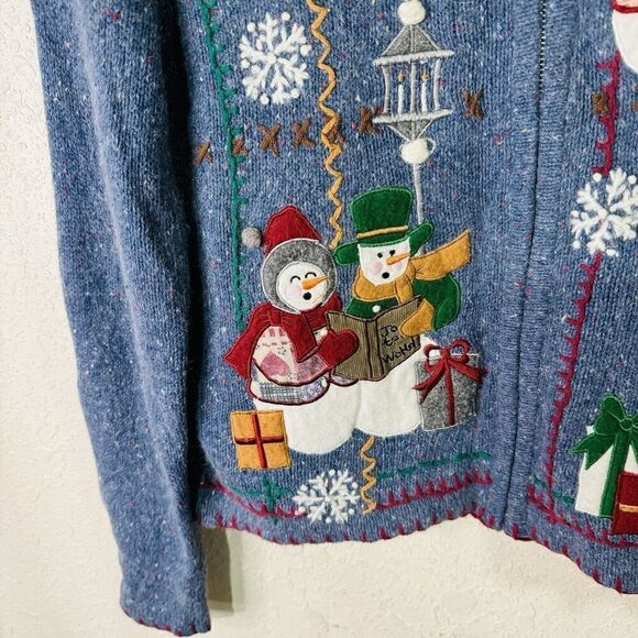 Victoria Jones Petite Christmas Sweater Women's Size PM Full Zip Snowmen Blue - Picture 3 of 13